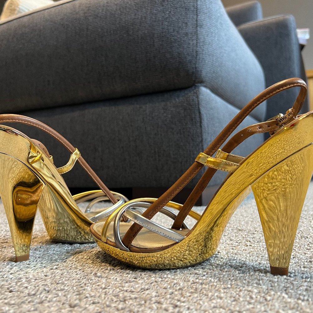 Reflective Gold Via Spiga Heels, Size 6.5